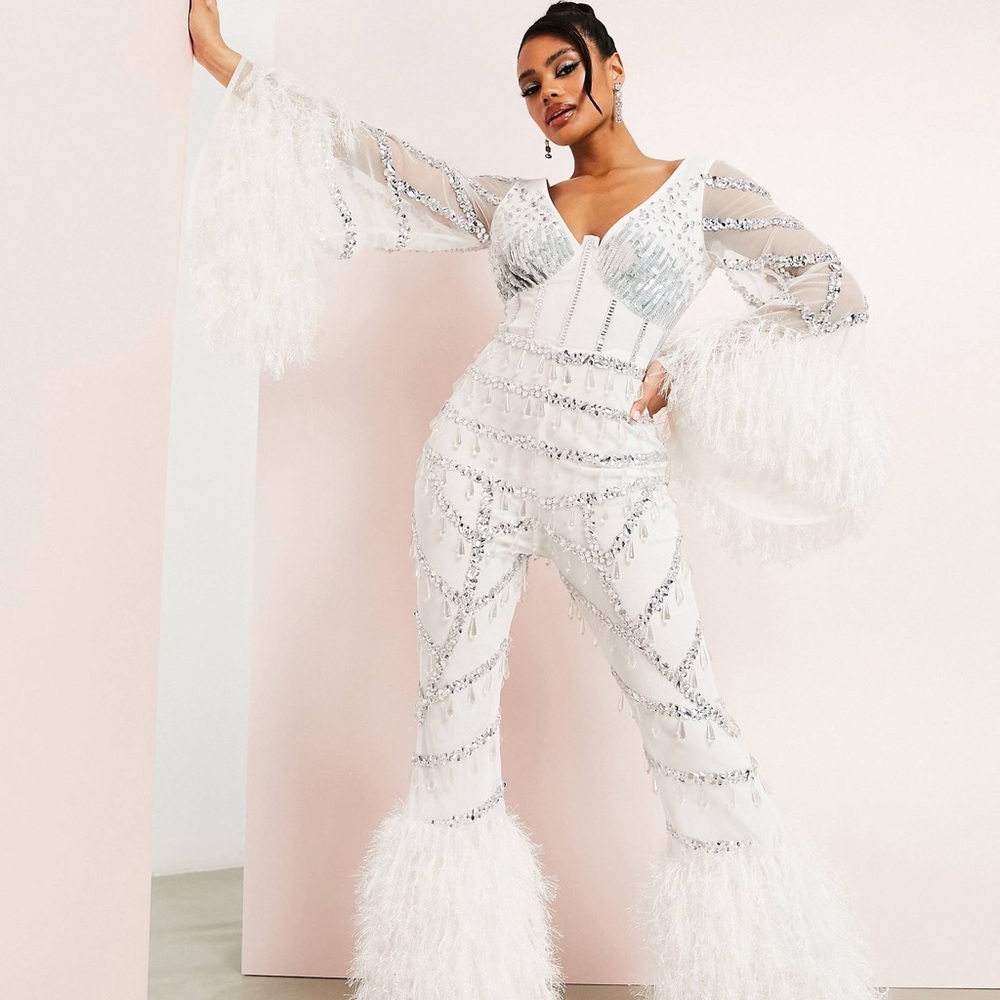 Asos Luxe Embellished jumpsuit with faux shag feathers